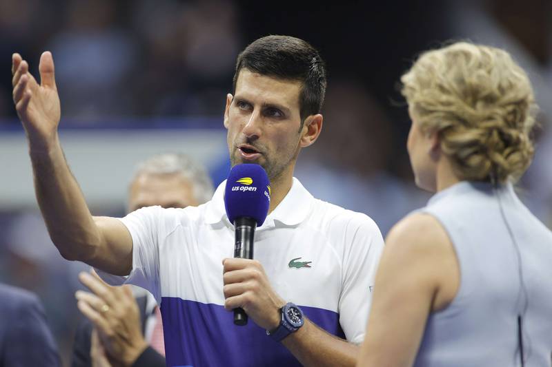 Runner up Novak Djokovic of Serbia speaks during the trophy ceremony. AFP