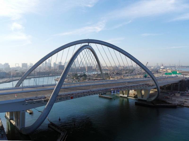 The Infinity Bridge in Dubai opened early last year, extending about 295m and consisting of six lanes in each direction. Photo: RTA