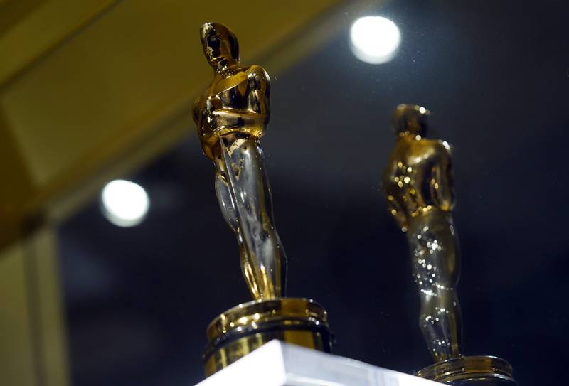 The worn 1944 Best Picture Oscar for the film 'Casablanca' is displayed behind glass at the Warner Bros Studio Tour Hollywood media preview in Burbank, California.