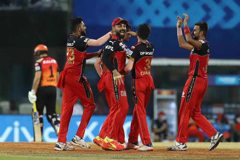 Virat Kohli Captain of Royal Challengers Bangalore celebrates the wicket of Abdul Samad of Sunrisers Hyderabad during match 6 of the Vivo Indian Premier League 2021 between the Sunrisers Hyderabad and the Royal Challengers Bangalore held at the M. A. Chidambaram Stadium, Chennai on the 14th April 2021.Photo by Faheem Hussain / Sportzpics for IPL