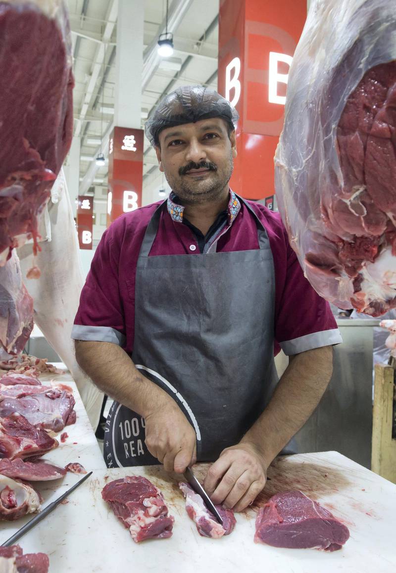 DUBAI, UNITED ARAB EMIRATES - Shahid Fazal owner of one of the meat section at the Waterfront Market, Deira.  Leslie Pableo for The National