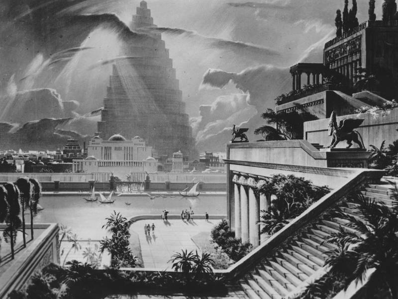 625 BC, A reconstruction of the city of Babylon, with the Tower of Babel in the distance, and one of the Ancient Seven Wonders, the Hanging Gardens built by King Nubuchadnezzar to please one of his wives. Original Artwork: Illustration by artist Mario Larrinaga circa 1950. (Photo by Three Lions/Getty Images)