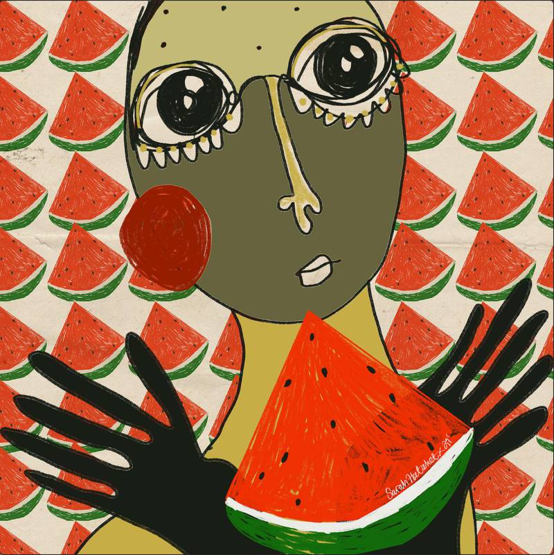 'Watermelon Resistance' by Jordanian artist Sarah Hatahet (@sarahhatahet on Instagram). "I wanted to showcase Palestinian resistance and perseverance in my work... as an ode to Palestine," she says. "I wanted to share my solidarity through art even if it feels small compared to what the Palestinian people are doing and going through on the ground". Courtesy the artist