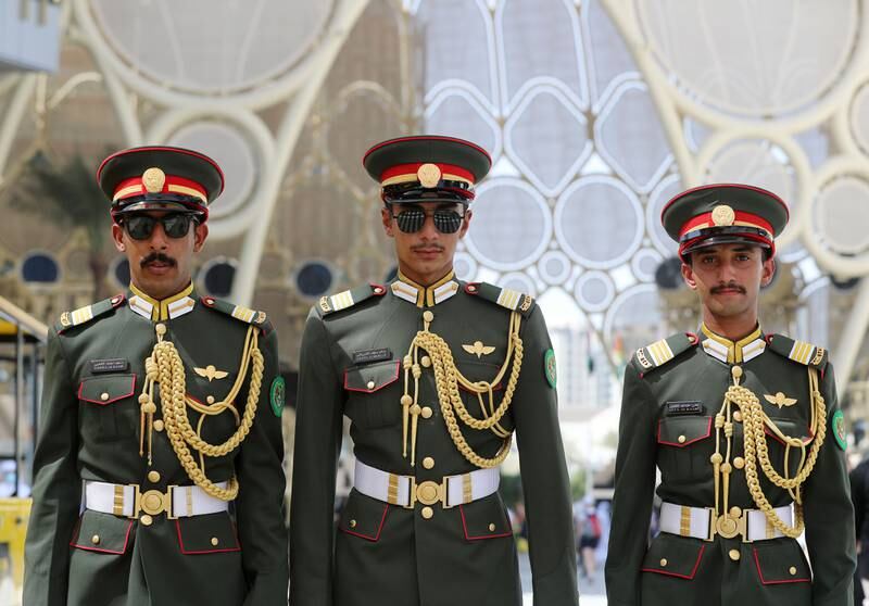 Members of the army pose for a photo at Expo 2020 Dubai.
