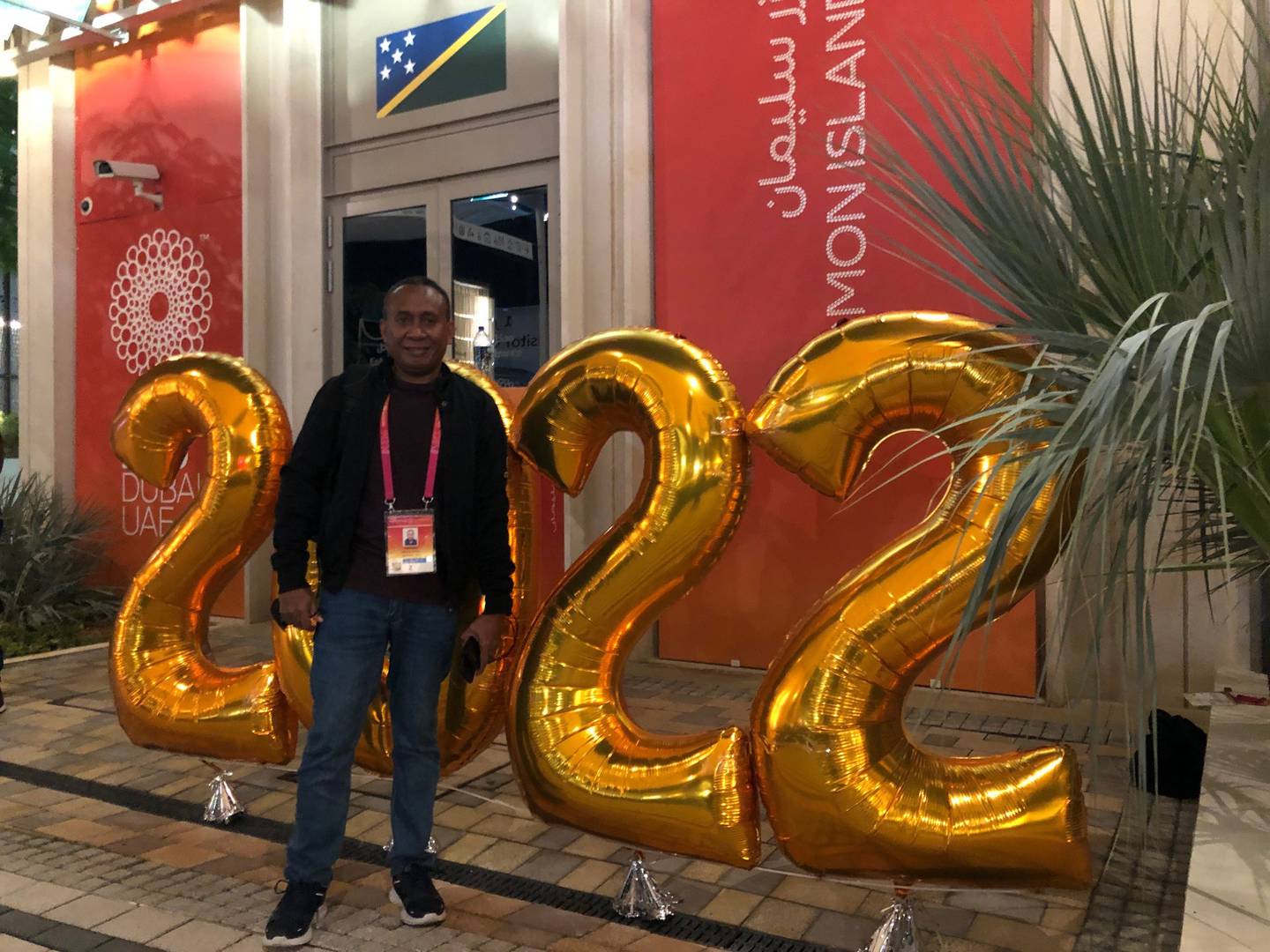 Dennis Marita from the Solomon Islands, one of the first nations to celebrate 2022 at 5pm in Dubai. Nicholas Webster / The National