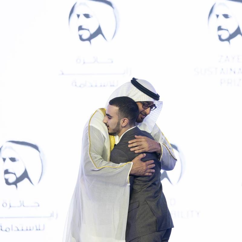 Sheikh Mohamed congratulates Abdulrahman Neshat, Zayed Sustainability Prize winner in the Global High Schools category. Photo: Twitter / MohamedBinZayed