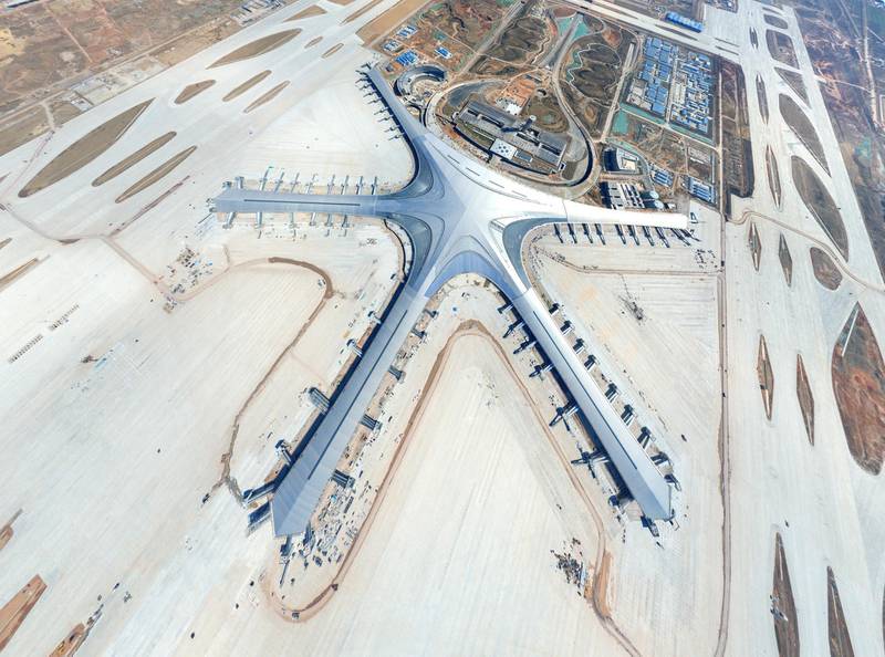 --FILE--The Qingdao Jiaodong International Airport is under construction in Qingdao city, east China's Shandong province, 10 May 2019.

The project - Qingdao Jiaodong International Airport - broke ground in 2015. Construction of the main structures has now been completed and both decoration and the installation of equipment are underway.No Use China. No Use France.
