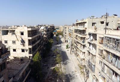 A general view taken with a drone shows damaged buildings in a rebel-held area of Aleppo, Syria, October 13, 2016. Picture taken October 13, 2016. REUTERS/Abdalrhman Ismail