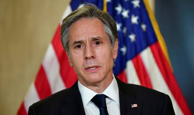 U.S. Secretary of State Antony Blinken addresses the media following the closed-door morning talks between the United States and China upon conclusion of their two-day meetings in Anchorage, Alaska March 19, 2021. Frederic J. Brown/Pool via REUTERS