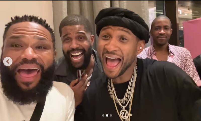 Usher, second from right, and US actor Anthony Anderson, left, enjoy an impromptu singalong accompanied by friends at Hilton Abu Dhabi Yas Island. Photo: Instagram / Anthony Anderson