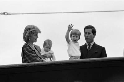 Prince Charles, Prince of Wales and Diana, Princess of Wales are reunited with their sons William and Harry aboard Royal Yacht Britannia in Venice following their two week tour of Italy, 5th May 1985. (Photo by Mirrorpix via Getty Images)