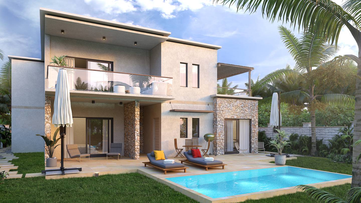 A three-bedroom, double-storey pool villa. Residences have a contemporary, airy design, with stone-work facades and whitewashed walls. Courtesy Blue Amber