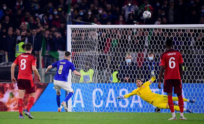 Italy's Jorginho misses a chance to score from the penalty spot. Reuters