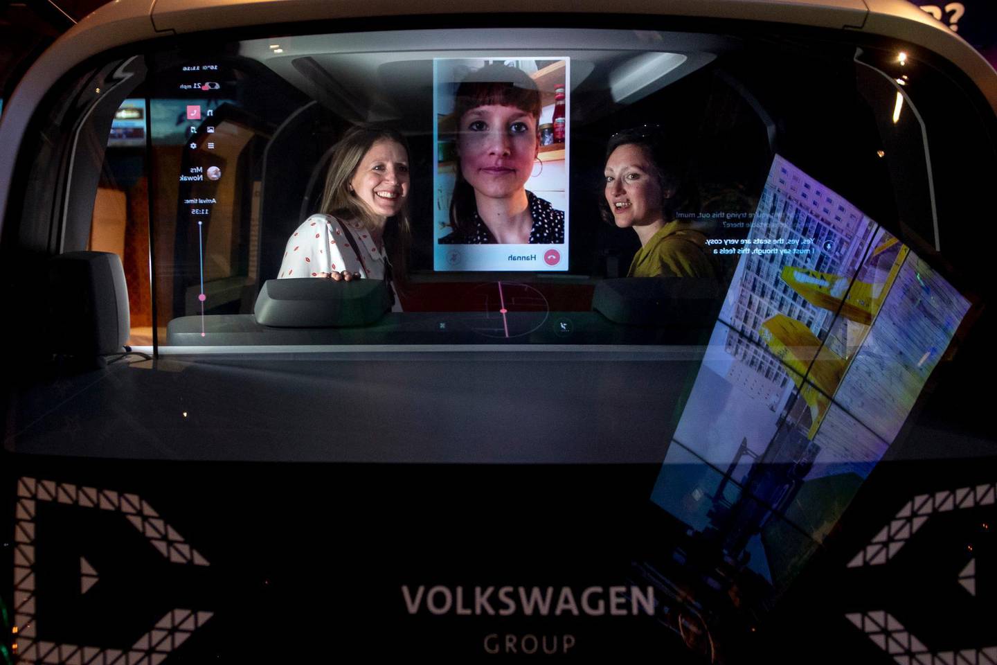 epa06721941 Members of the public sit in a Sedric' Volkswagen driverless concept car during a media preview of 'The Future Starts Here' Exhibition at the Victoria and Albert (V&A) Museum in central London, Britain, 09 May 2018. The exhibition features over 100 objects currently in development intended to bring further automation to the everyday tasks.  EPA/WILL OLIVER