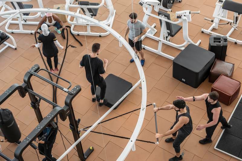 The gym has more than 250 exercise workstations and a semi-Olympic 200-metre indoor running track.