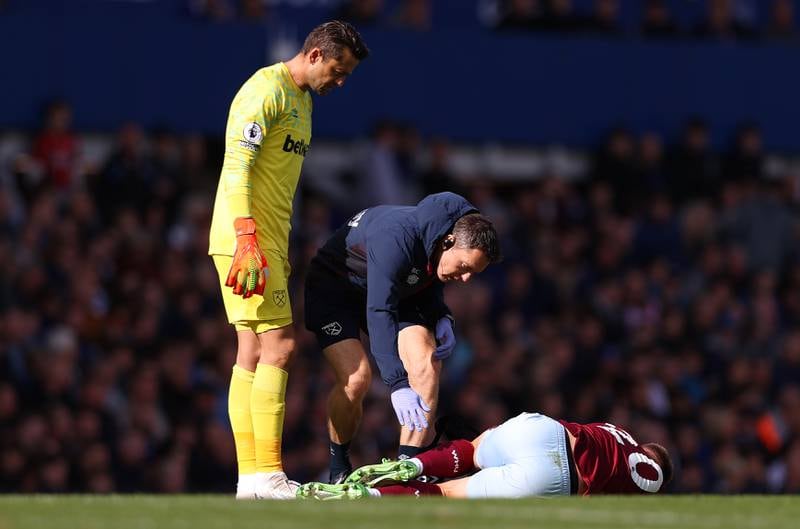 Jarrod Bowen of West Ham is injured against Everton. Getty 