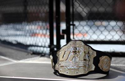 April 8, 2010/ Abu Dhabi /  A UFC champonship belt next to the octagon for UFC 112 at Ferrari World on Yas Island April 8, 2010. (Sammy Dallal / The National)


