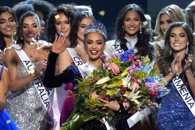 Miss USA R'Bonney Gabriel, centre, celebrates after winning the 71st Miss Universe competition in New Orleans, Louisiana on January 14, 2023. AFP