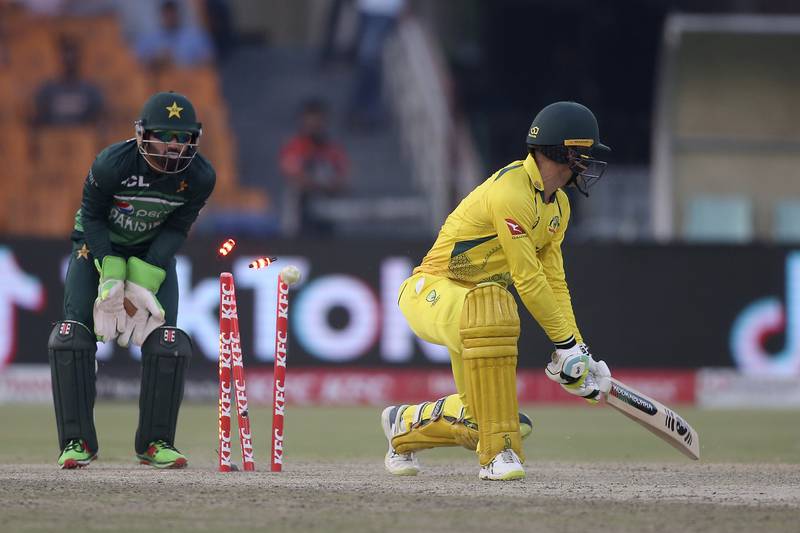 Australia's Alex Carey is bowled by Pakistan's Zahid Mahmood. AP