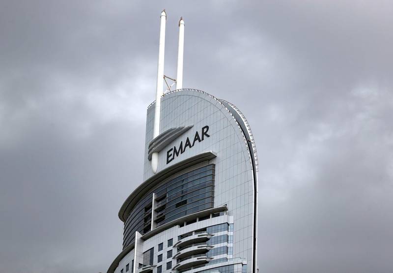 Dubai, United Arab Emirates - Reporter: N/A: Stock. General View of the top of the Address hotel with a sign for Emaar. Tuesday, December 10th, 2019. Downtown, Dubai. Chris Whiteoak / The National
