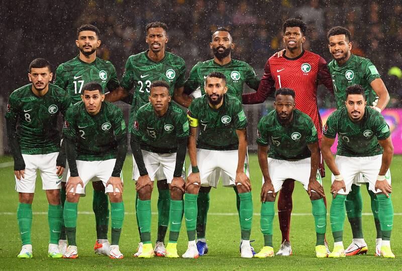 Salman Al Faraj, front centre with the armband, is expected to be fit for Saudi Arabia's first World Cup game against Argentina. EPA