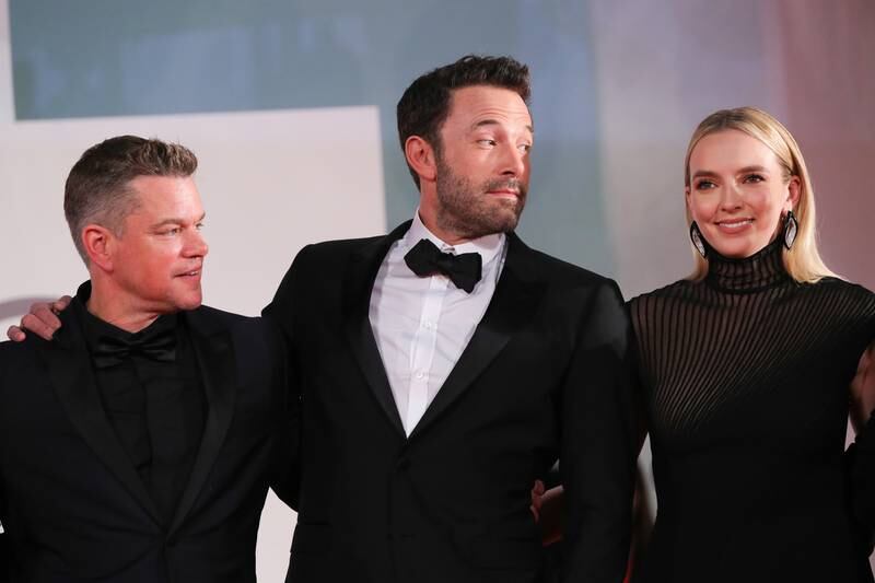 Actor Matt Damon with friend and fellow actor Ben Affleck and actress Jodie Comer at a red carpet event for The Last Duel during the 78th Venice International Film Festival on September 10, 2021 in Venice, Italy. Getty