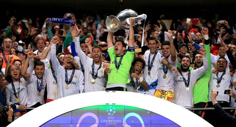 Real Madrid goalkeeper and captain Iker Casillas lifts the Uefa Champions League trophy after they beat Atletico Madrid in 2014. PA