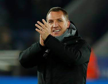 Leicester City manager Brendan Rodgers applauds fans after their win over Everton on Sunday. Reuters