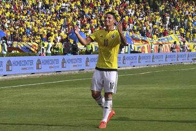 Colombia’s midfielder James Rodriguez celebrates after scoring against Venezuela. Luis Acosta / AFP