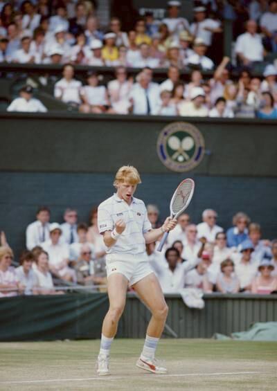 Germany's Boris Becker celebrates after his defeat of Kevin Curren in the Men's Singles Final in 1985.