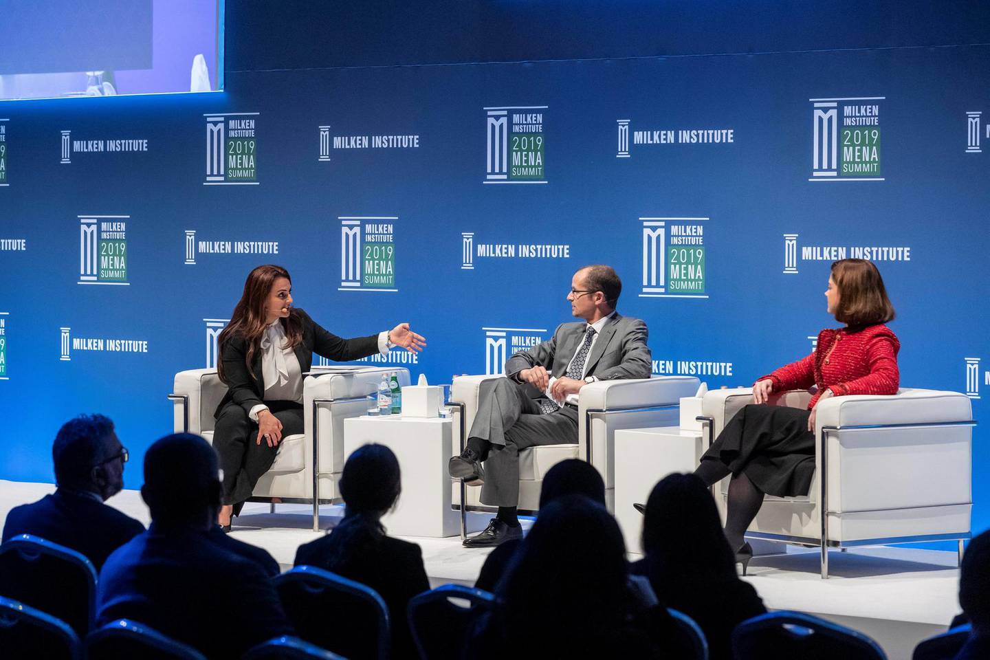 ABU DHABI, UNITED ARAB EMIRATES. 12 FEBRUARY 2019. Panel discussion on Workforce at the Milken Institute 2019 MENA Summit. LtoR: Mina Al-Oraibi, Editor in Chief The National, Jeff Maggioncalda, Coursera and Solveig Nicklos, Abu Dhabi School of Government. (Photo: Antonie Robertson/The National) Journalist: John Dennehy. Section: National.