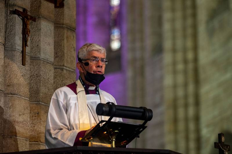 Retired Bishop of Natal Michael Nuttall delivers the sermon during the requiem Mass. AFP