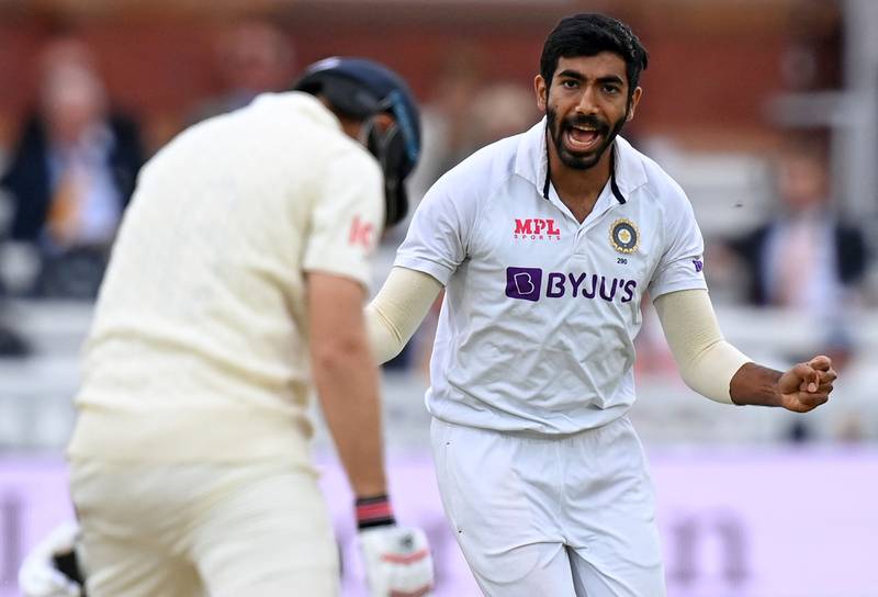 India's Jasprit Bumrah celebrates dismissing England's captain Joe Root on day five at Lord's.