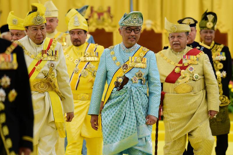 Malaysia's new King Sultan Abdullah Sultan Ahmad Shah leaves after taking oath at National Palace in Kuala Lumpur, Malaysia January 31, 2019. Department of Information/Shaiful Nizal Ismail via REUTERS ATTENTION EDITORS - THIS IMAGE WAS PROVIDED BY A THIRD PARTY. NO RESALES. NO ARCHIVES.