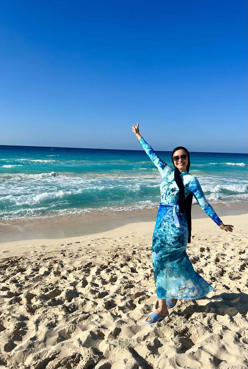 Ms Beheiry wearing the Sea Foam swimsuit from Ms Ghaleb’s collection at Egypt’s North Coast. Photo: Rana Beheiry