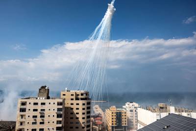 An explosion over Gaza city on October 11 that Humans Rights Watch said was white phosphorus. Getty Images