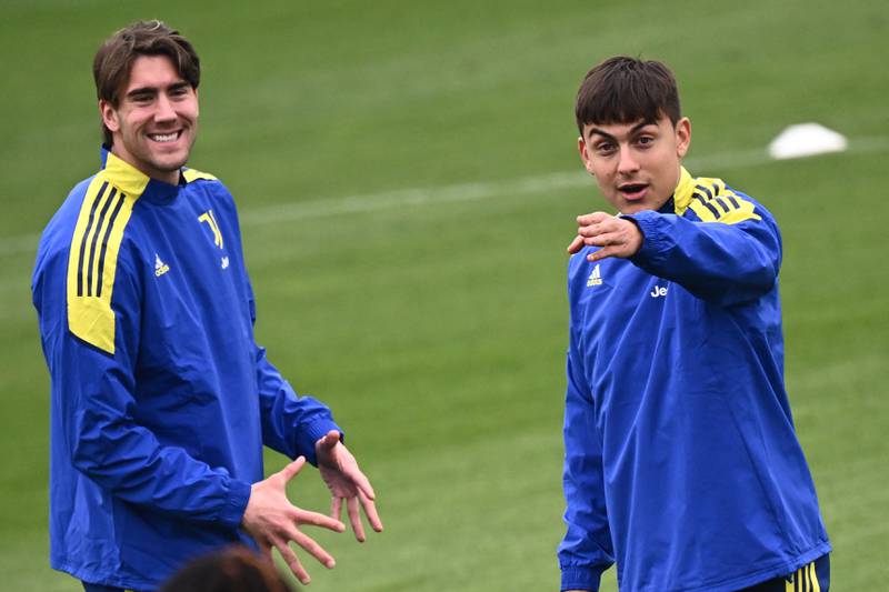 Juventus forward Dusan Vlahovic, left, and Paulo Dybala train for the Villareal game. AFP