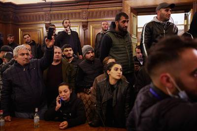 Protestors storm Armenian Prime Minister Nikol Pashinian's office after the announcement of a peace deal in the war between Armenia and Azerbaijan in Yerevan. Getty Images
