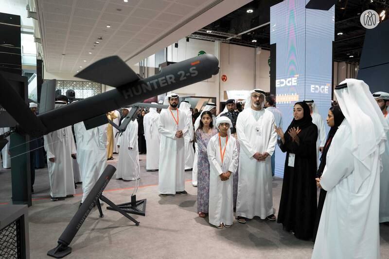 Sheikh Khaled visited the pavilions of domestic and international companies leading the industry in state-of-the-art land, naval, and air defence solutions and equipment 