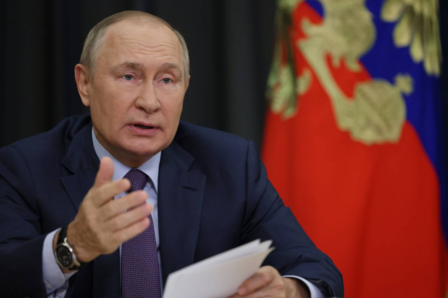 Russian President Vladimir Putin gestures as he attends a meeting on agricultural issues via videoconference in the Bocharov Ruchei residence in the Black Sea resort of Sochi, Russia, Tuesday, Sept.  27, 2022.  (Gavriil Grigorov, Sputnik, Kremlin Pool Photo via AP)