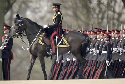 403692 02: Major Richard Winstanley, the Academy Adjutant, rides his horse Nemesis during a rehearsal for the 138th Sovereigns Parade April 10, 2002 at The Royal Military Academy in Sandhurst, England. Britain's Prince Andrew will attend the April 12 parade. (Photo by Julian Herbert/Getty Images)