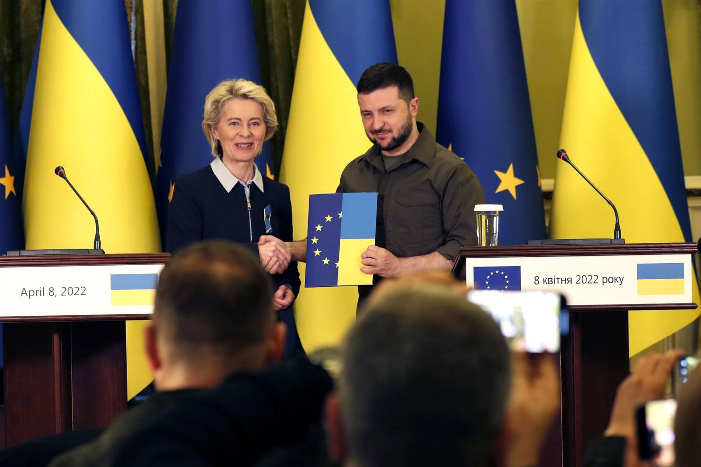 Ukrainian President Volodymyr Zelenskyy receives a questionnaire to begin the process for considering his country's application for European Union membership. AP