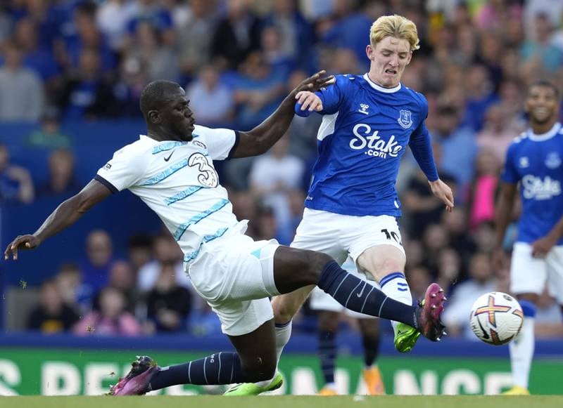 Everton's Anthony Gordon in action against Chelsea's Kalidou Koulibaly. EPA
