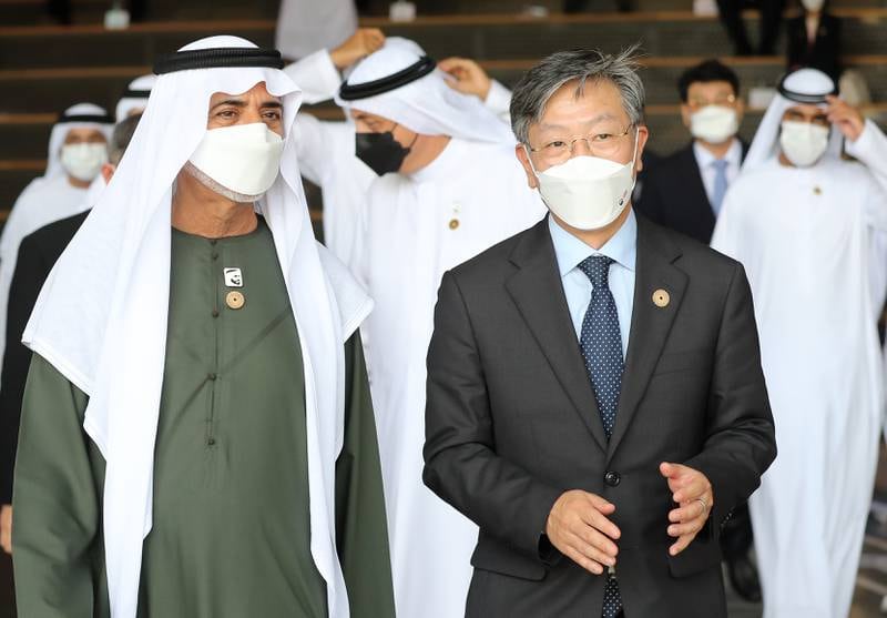 HH Sheikh Nahyan bin Mubarak with Jeoungyeol Yu, Commissioner General of the Korea Pavilion, President and CEO of KOTRA at the official opening of the Korea pavilion on the first day of Expo 2020 in Dubai. Chris Whiteoak / The National