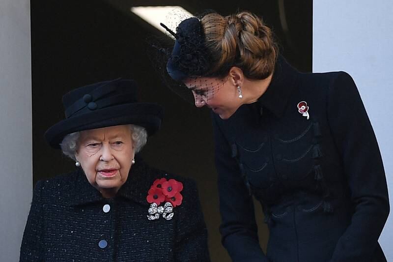 The queen and Kate attend the Remembrance Sunday ceremony in London in 2019. AFP 