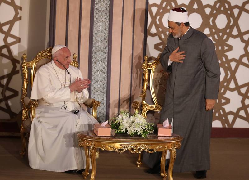 Pope Francis greets Dr Al Tayeb in Cairo on April 28, 2017. Reuters