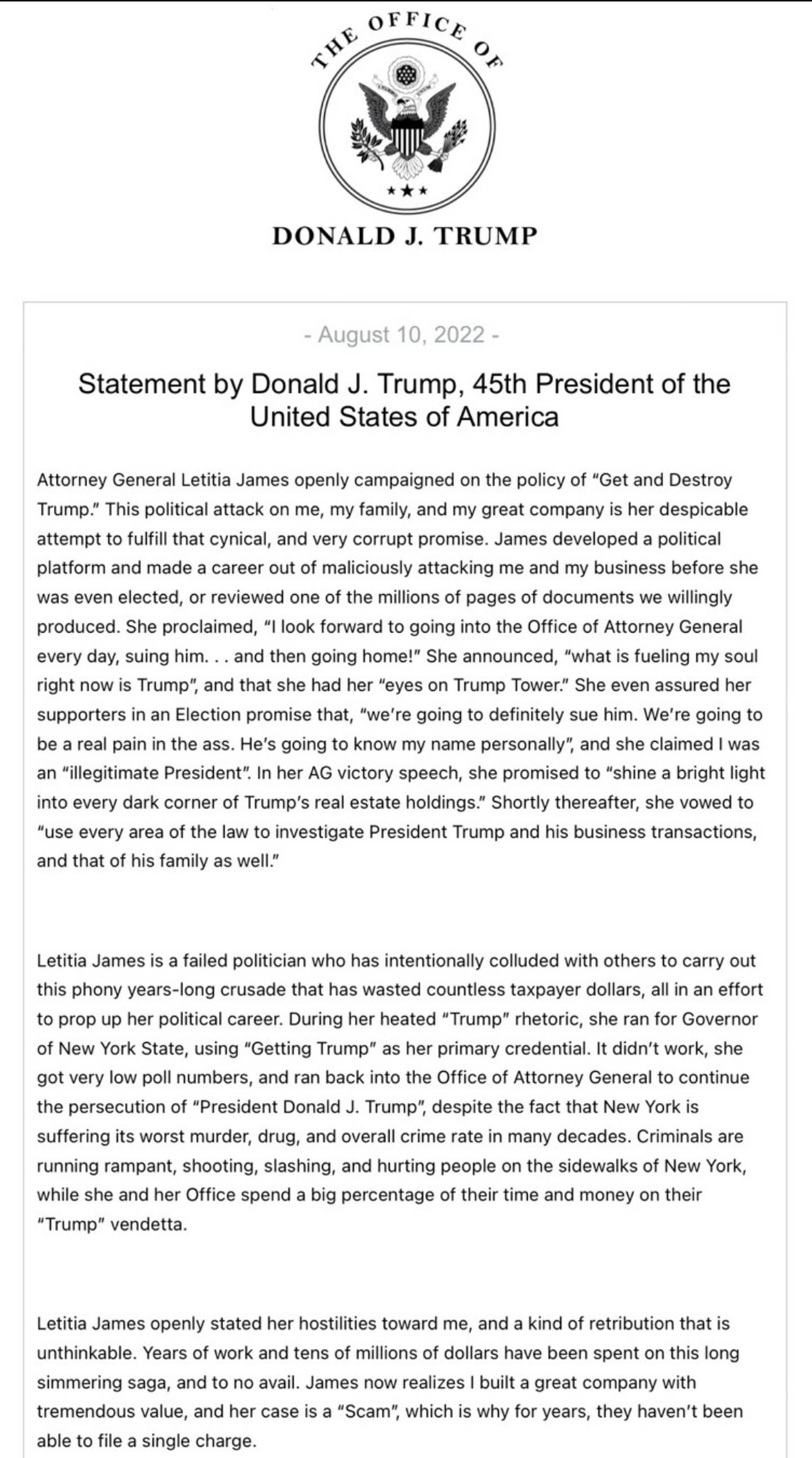 Former US president Donald Trump writes a statement about his deposition for the New York Attorney General's civil probe into his family business. Screengrab / Truth Social