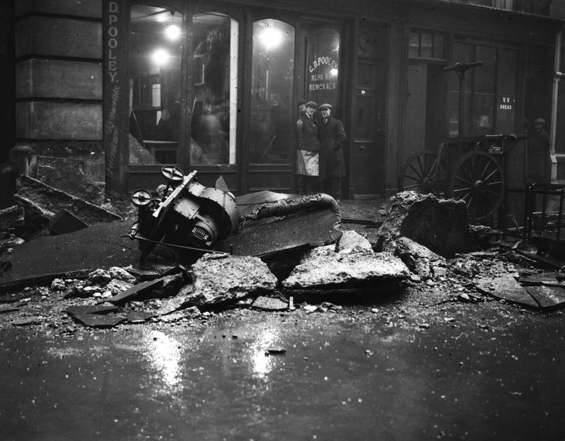 circa 1929:  Debris in front of one of the many damaged shops after a gas explosion in Bloomsbury.  (Photo by Topical Press Agency/Getty Images)
