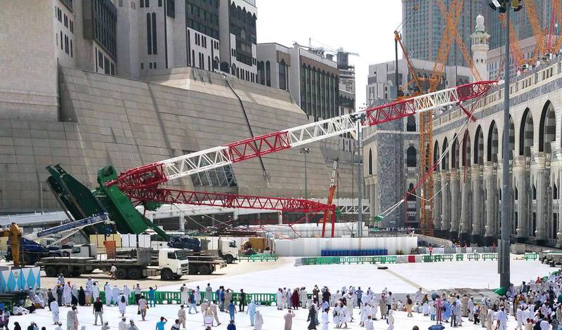 A file photo of the crane that collapsed at the Grand Mosque in Saudi Arabia's holy Muslim city of Mecca in September 2015, killing more than 100 pilgrims. AFP Photo
