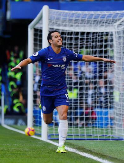 Soccer Football - Premier League - Chelsea v Fulham - Stamford Bridge, London, Britain - December 2, 2018  Chelsea's Pedro celebrates scoring their first goal   REUTERS/Eddie Keogh  EDITORIAL USE ONLY. No use with unauthorized audio, video, data, fixture lists, club/league logos or "live" services. Online in-match use limited to 75 images, no video emulation. No use in betting, games or single club/league/player publications.  Please contact your account representative for further details.